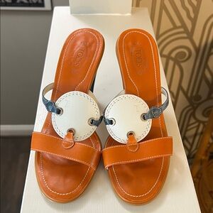 Tod's Orange and White Leather Sandals 7.5